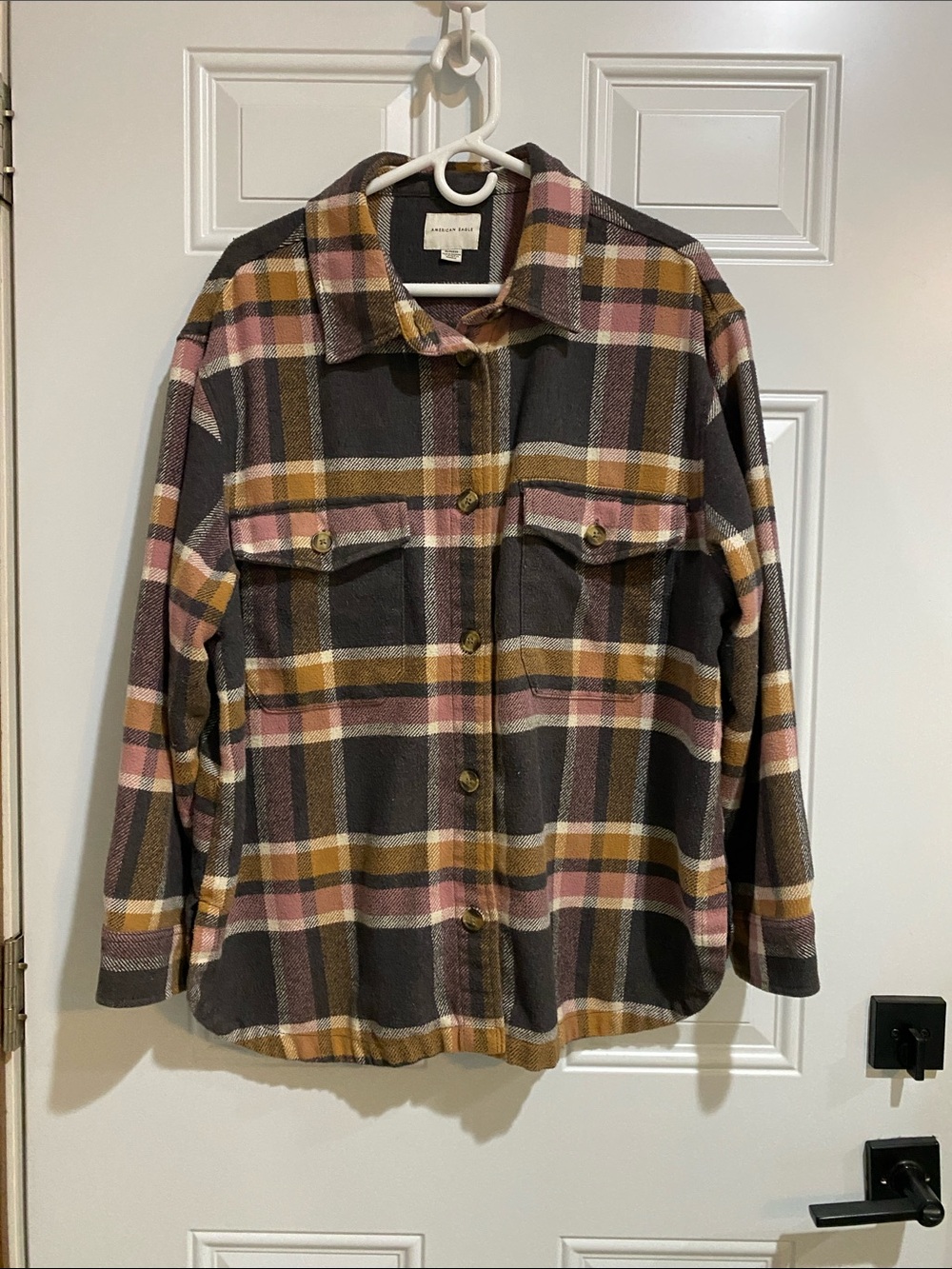 American Eagle Outfitters Plaid Utility shacket- Gray, Pink & Mustard